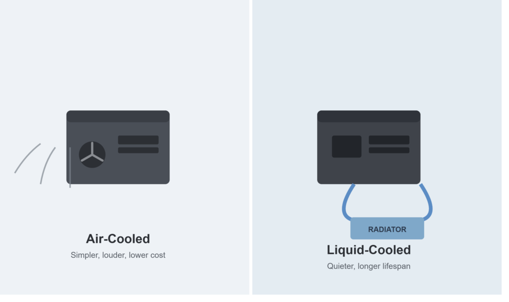 Comparison diagram of air-cooled fan generator and liquid-cooled radiator generator