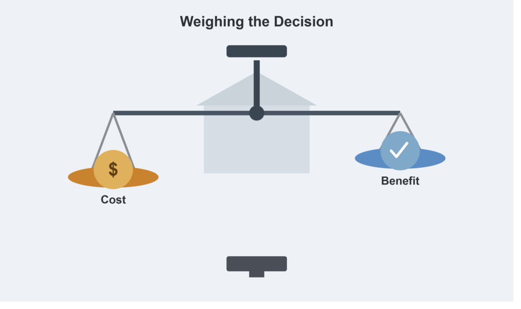 Balance scale weighing the cost versus benefit of a whole house generator