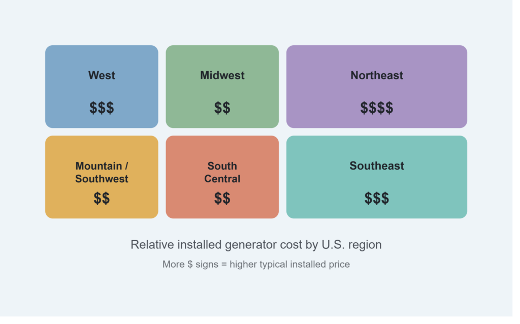 Map showing relative whole house generator installation costs by U.S. region