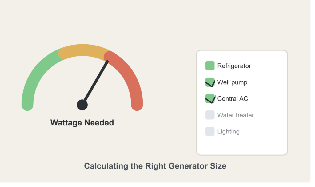 Wattage gauge and appliance checklist for calculating generator size