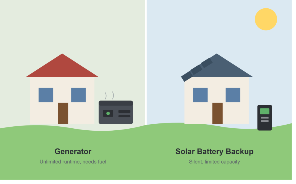 Comparison of a fuel generator setup versus a solar battery backup setup