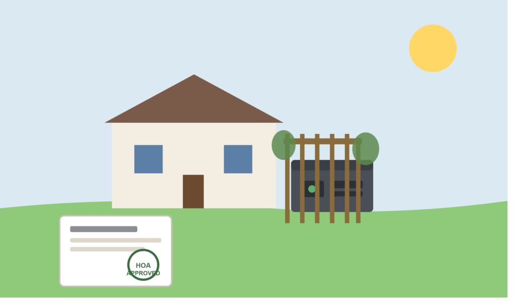 Generator screened behind a privacy fence with HOA approval document