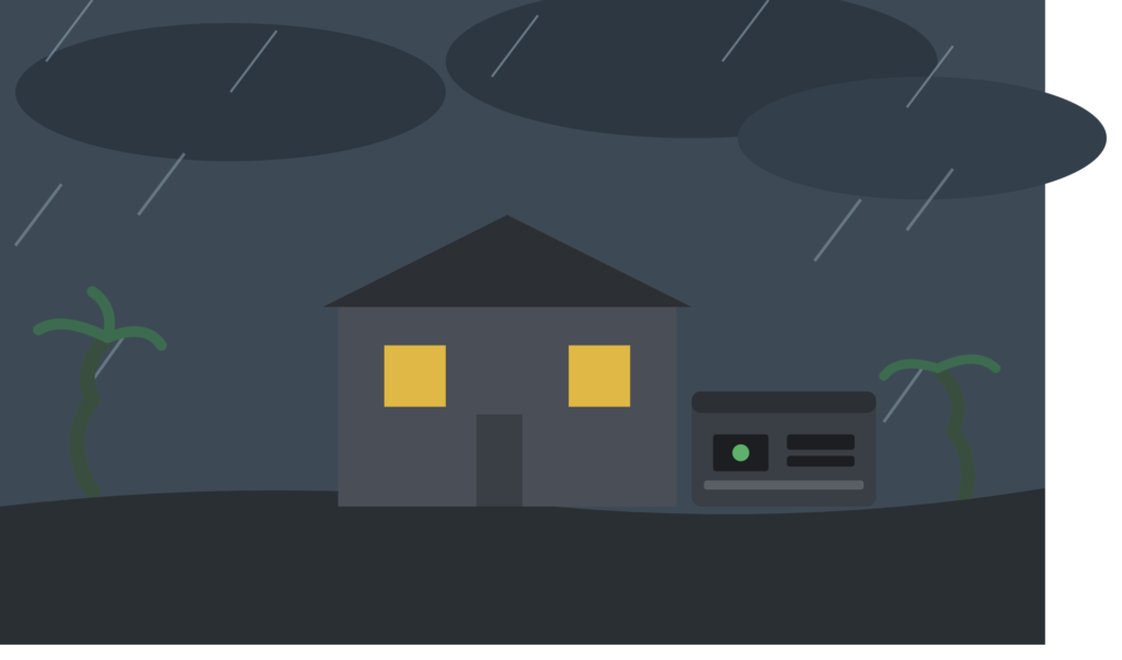 House with lit windows powered by a standby generator during a storm